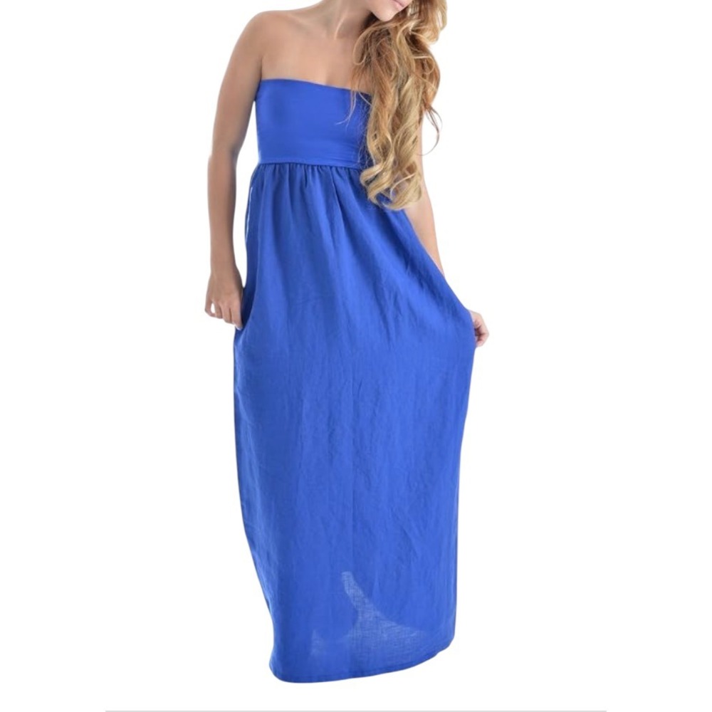 JOLIE Royal Blue Linen STRAPLESS MAXI DRESS Stretchy Knit Upper Bust w/Pockets S